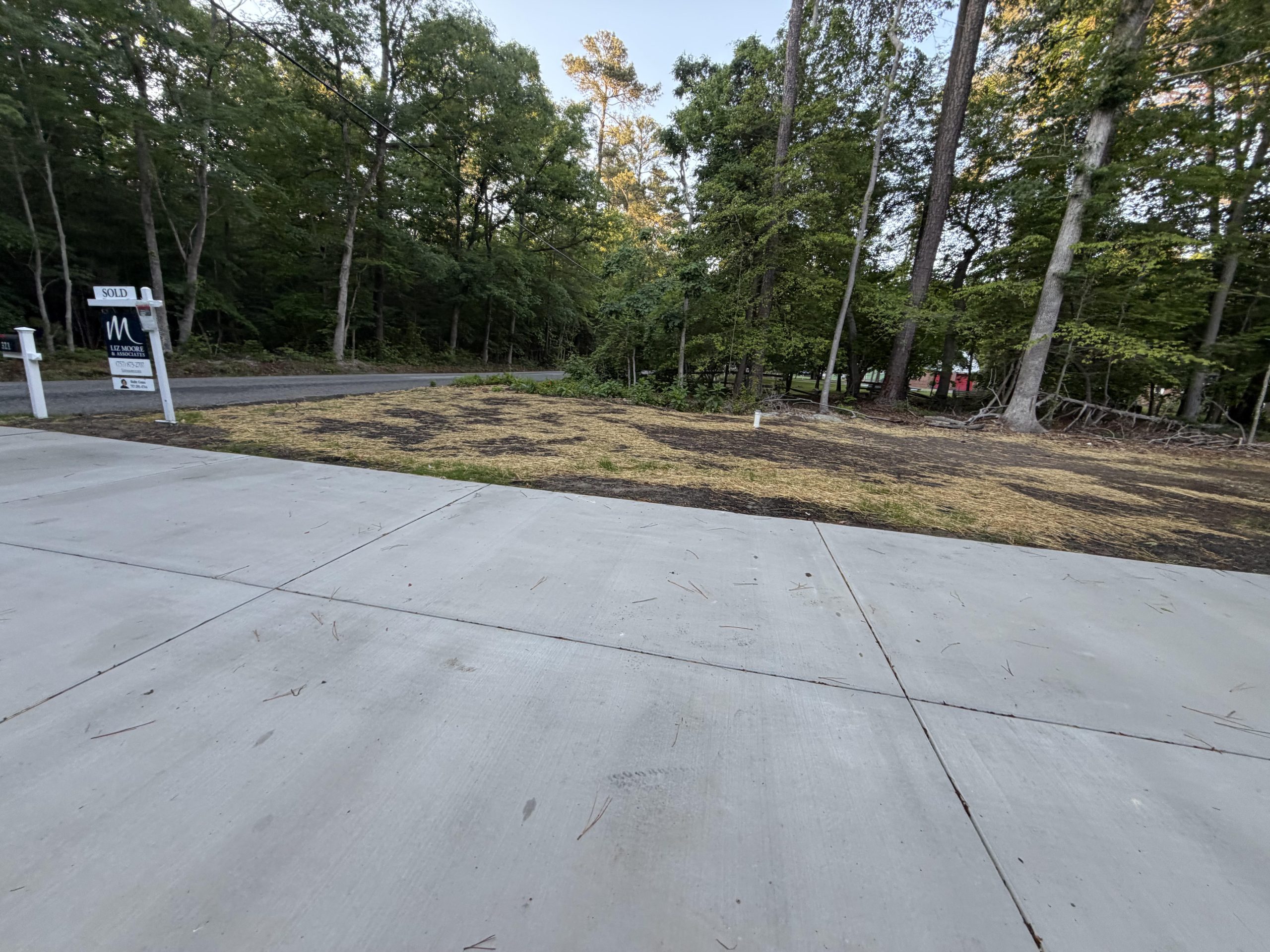New concrete driveway slab poured in a wooded lot