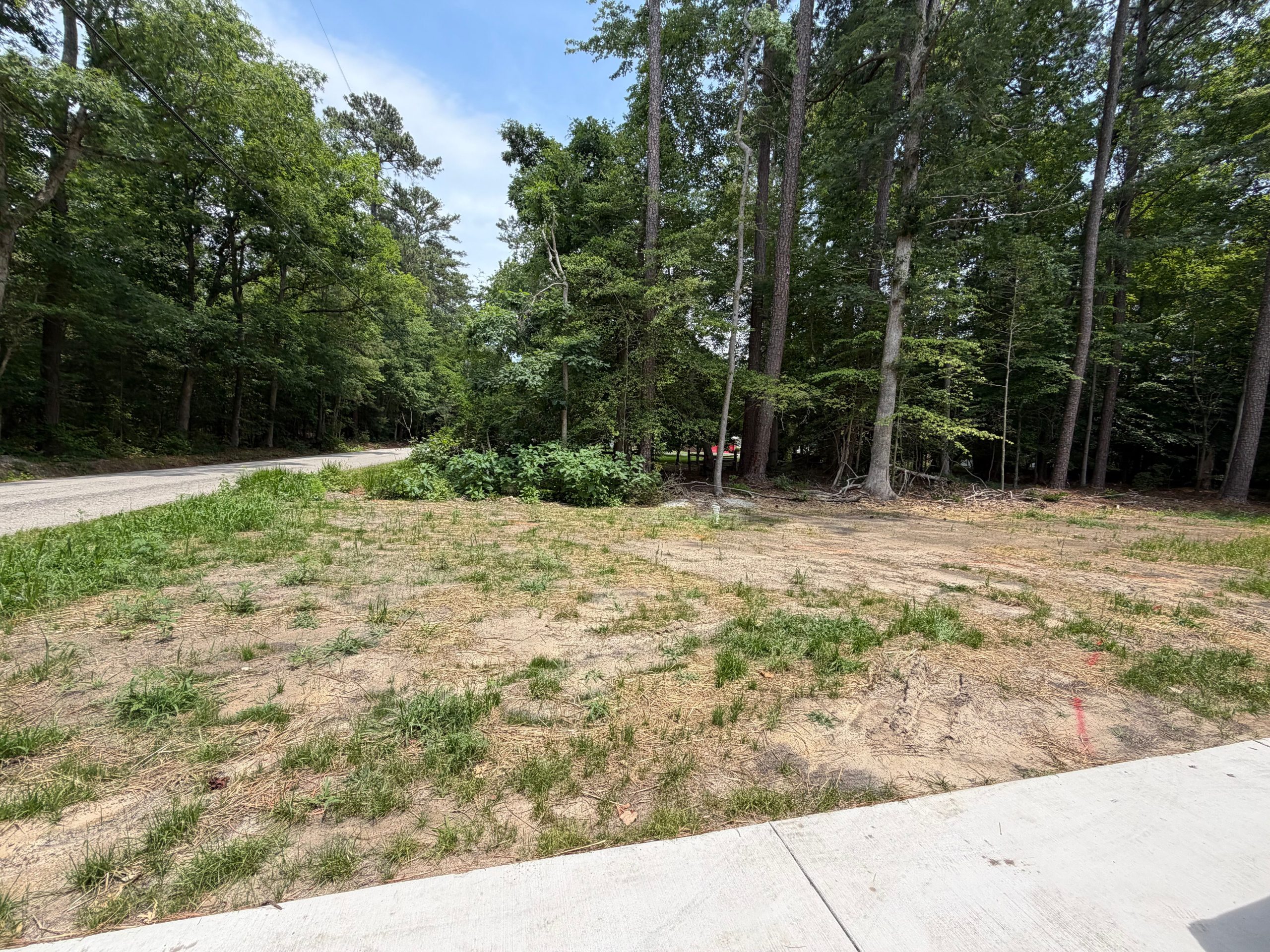 Cleared grassy lot along a paved path in a wooded area
